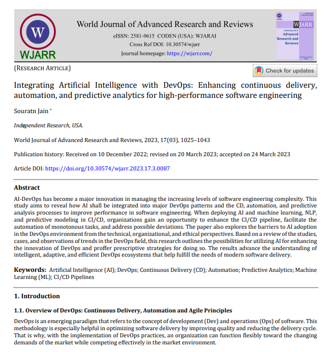 Article: Integrating Artificial Intelligence with DevOps: Enhancing continuous delivery, automation, and predictive analytics for high-performance software engineering