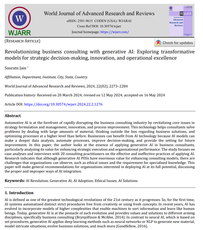 Article: Revolutionizing business consulting with generative AI: Exploring transformative models for strategic decision-making, innovation, and operational excellence